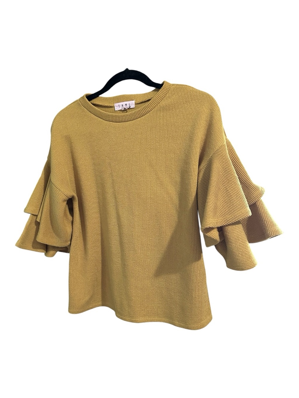 THML Mustard Ruffle Sleeve Knit Pullover